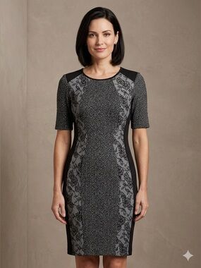 Elegant Black Lace-Panel Midi Dress Petite 10.  Party wedding stretch 1132
